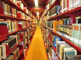 Flucht zwischen 2 hohen Bücherregalen