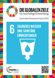 Abgebildet ist ein Plakat zum ersten neuen Entwicklungsziel mit der Aufschrift "6. sauberes Wasser und sanitäre Einrichtungen". Darunter ist ein Symbol eines Wassergefäßes dargestellt.