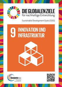 Abgebildet ist ein Plakat zum ersten neuen Entwicklungsziel mit der Aufschrift "9. Innovation und Infrastruktur". Darunter sind drei Würfel dargestellt.