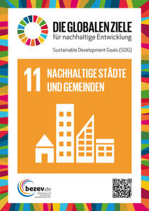 Abgebildet ist ein Plakat zum ersten neuen Entwicklungsziel mit der Aufschrift "11. nachhaltige Städte und Gemeinden". Darunter ist eine Häuserreihe dargestellt.