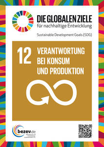 Abgebildet ist ein Plakat zum ersten neuen Entwicklungsziel mit der Aufschrift "12 Verantwortung bei Konsum und Produktion". Darunter ist ein Pfeil in Form des Unendlichkeitszeichens dargestellt.