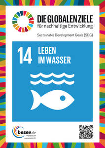 Abgebildet ist ein Plakat zum ersten neuen Entwicklungsziel mit der Aufschrift "14 Leben im Wasser". Darunter ist ein Fisch dargestellt.
