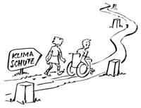 Zwei Kinder, ein Junge davon im Rollstuhl, laufen einen Weg. Im Hintergrund erscheint ein Schild mit der Aufschrift: Klimaschutz.